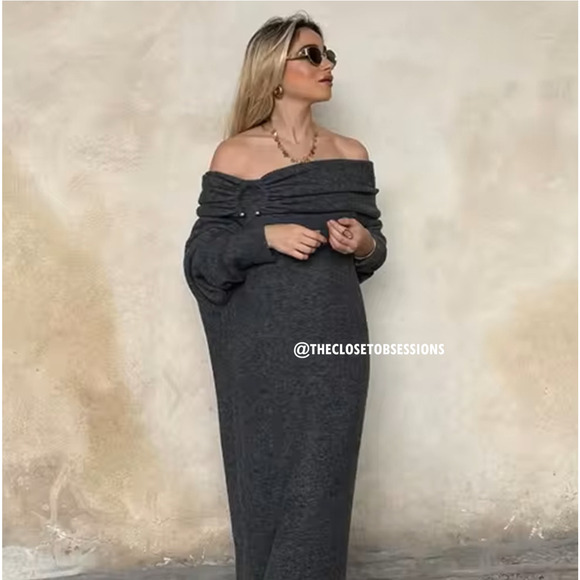 ZARA Off-the-Shoulder Knit Midi Dress NWT Gray Size S and M - Picture 10 of 16